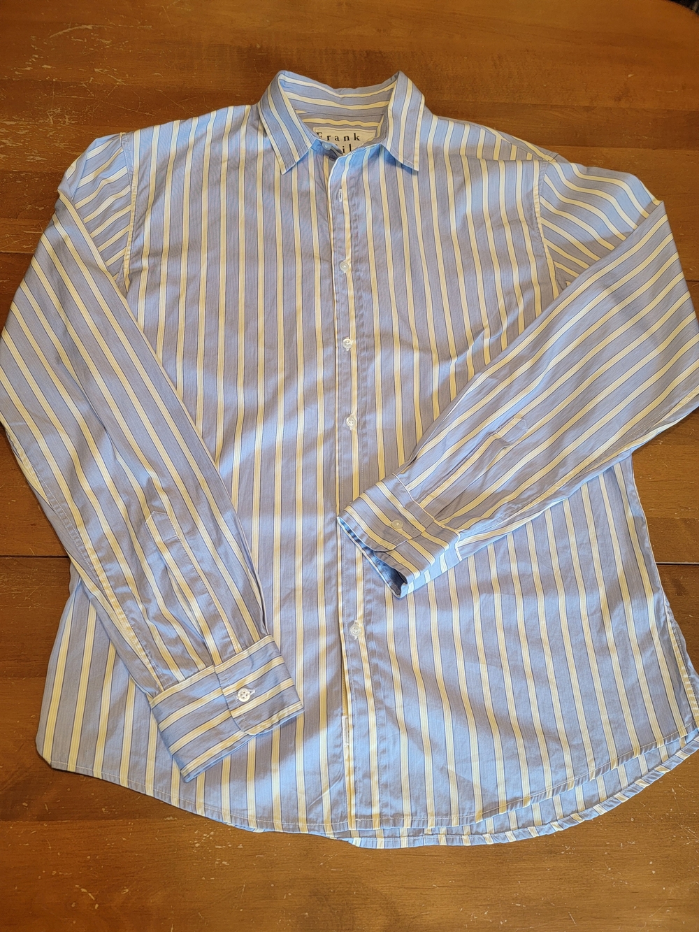 Frank & Eileen Paul Shirt M Blue Yellow Stripe Mens Cut Oversized Fits L EUC